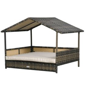PawHut Wicker Dog House Indoor Outdoor Removable Cushion Lounge Khaki
